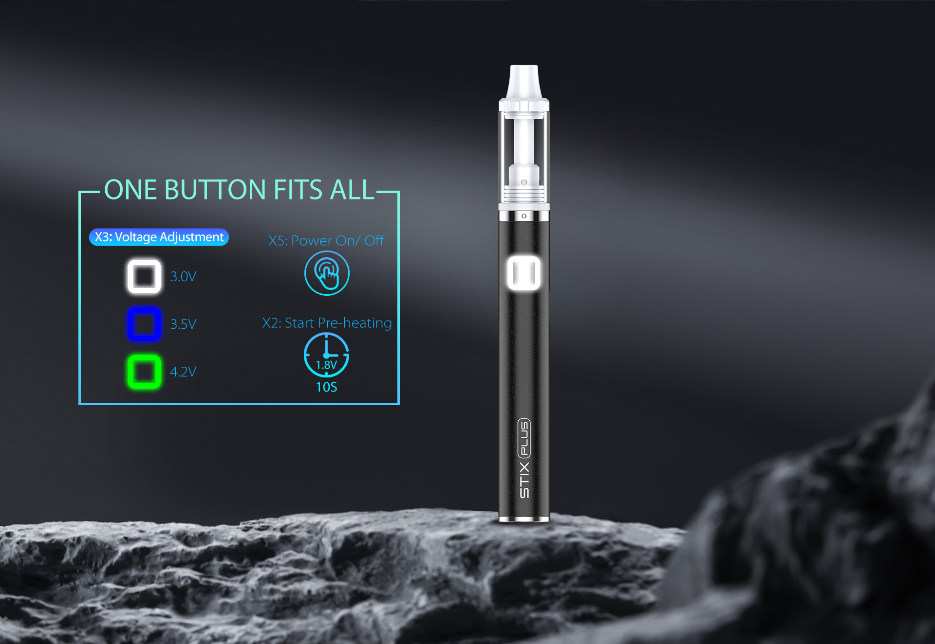 Yocan Stix Plus vape pen, one button realises the multiple functions of the device.