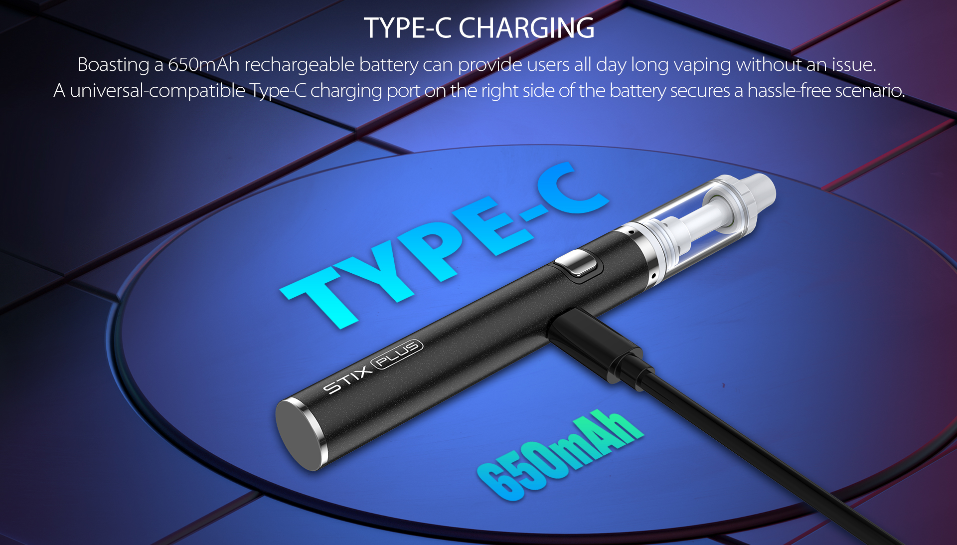 Yocan Stix Plus vape pen Boasting a 650mAh rechargeable battery and A universal-compatible Type-C charging port.