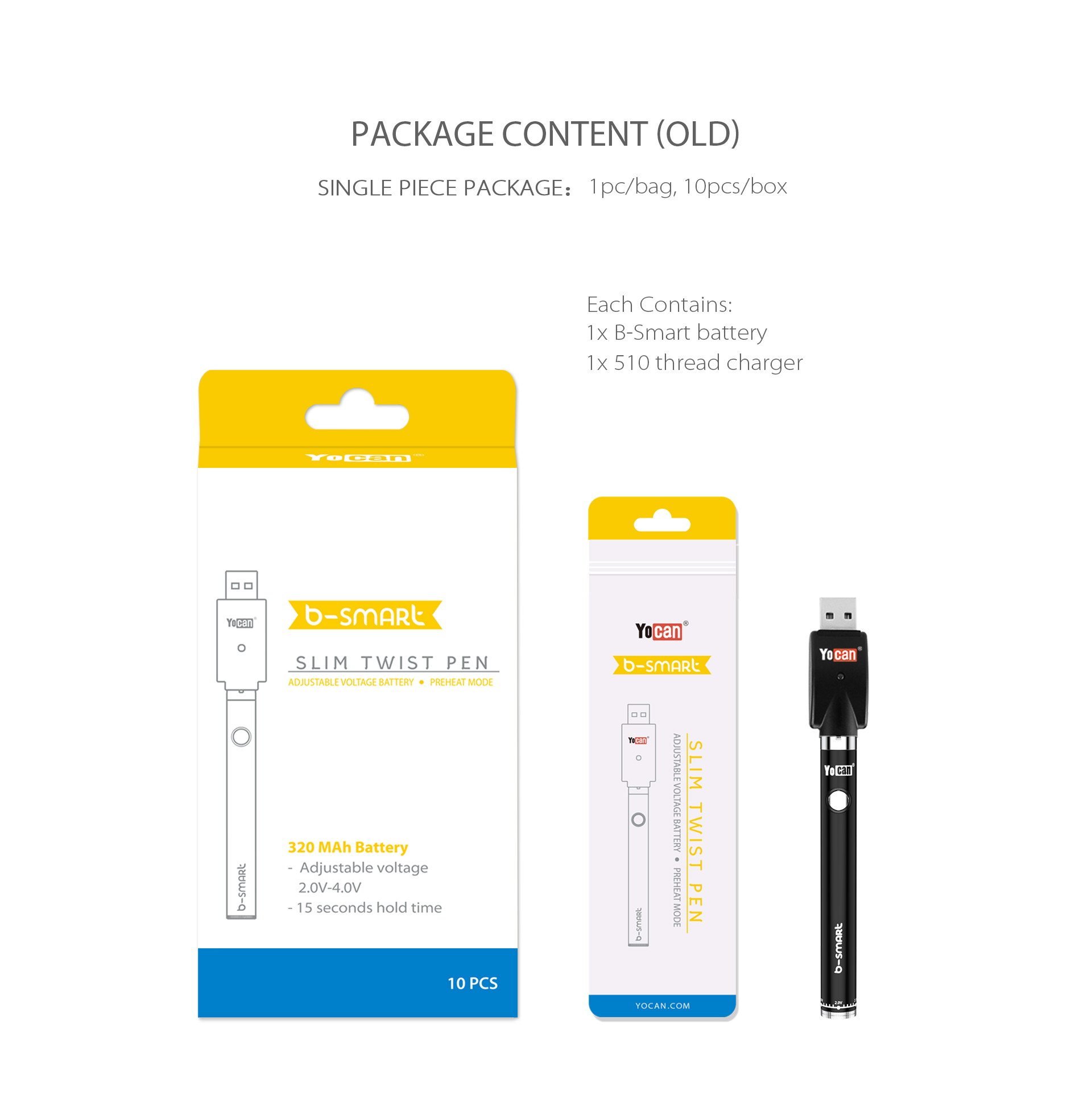 Yocan B-smart VV Slim Vape Pen Battery package content.