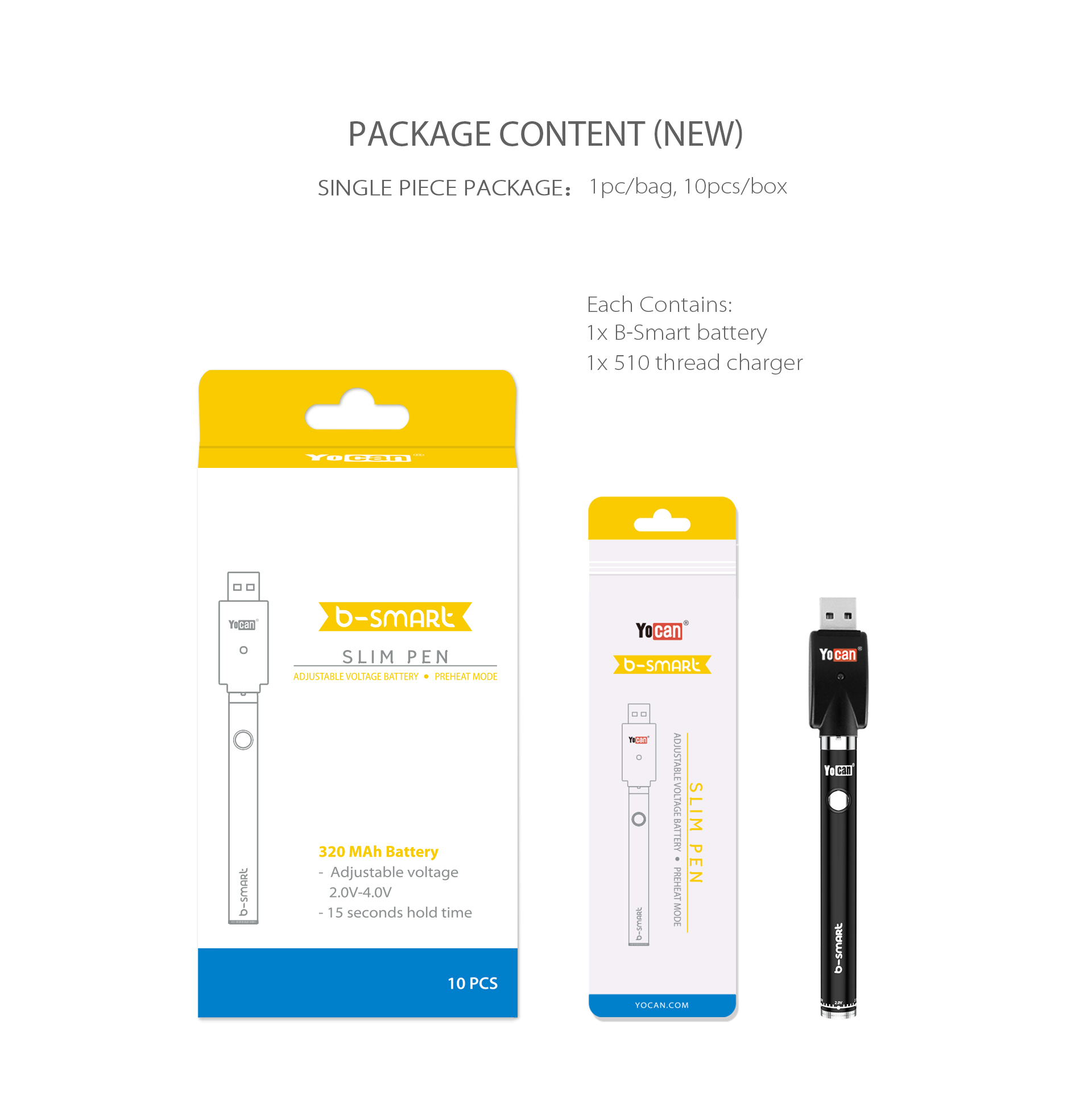 Yocan B-smart VV Slim Vape Pen Battery package content.