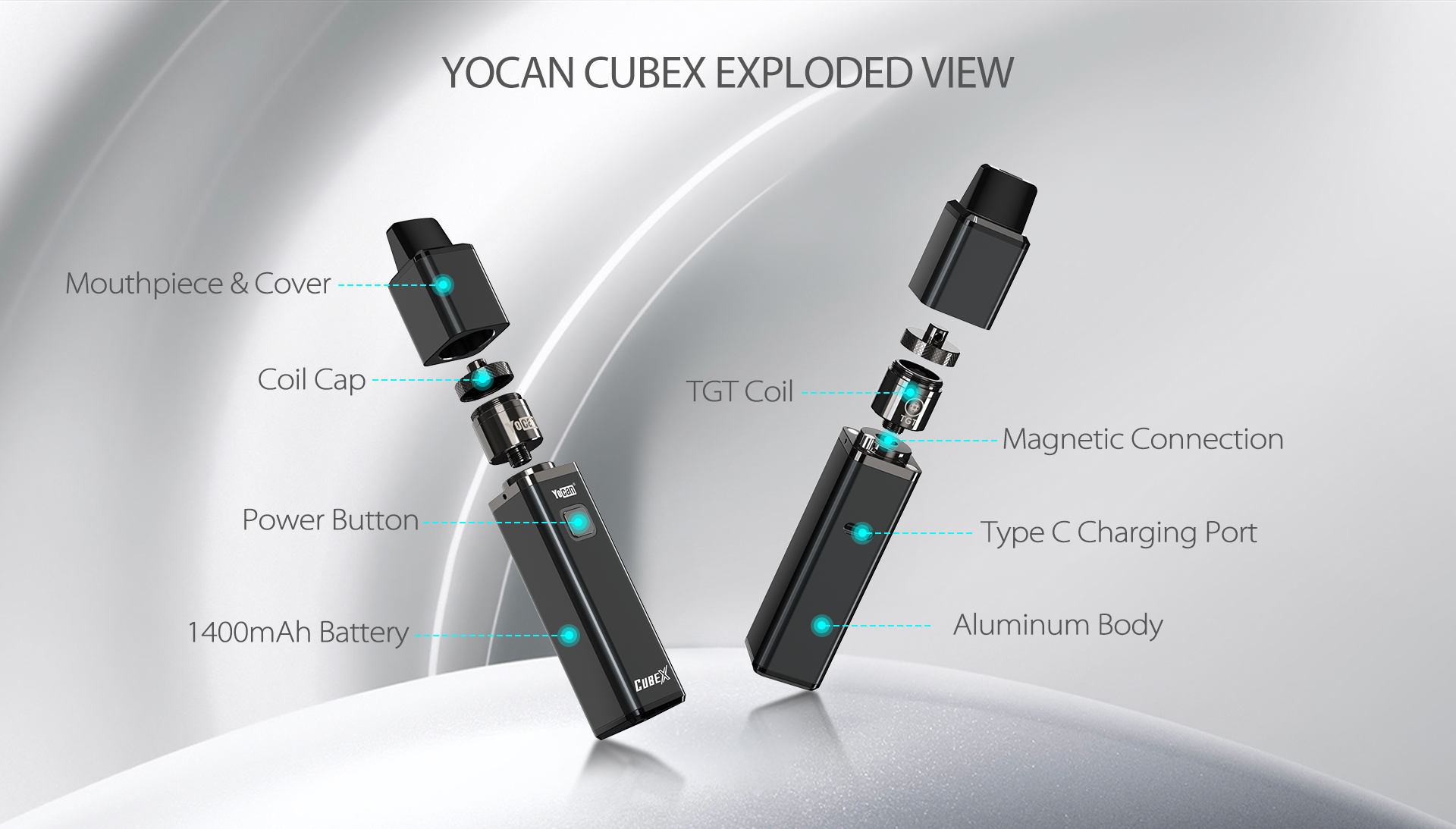 Yocan Cubex concentrate vape pen exploded view.