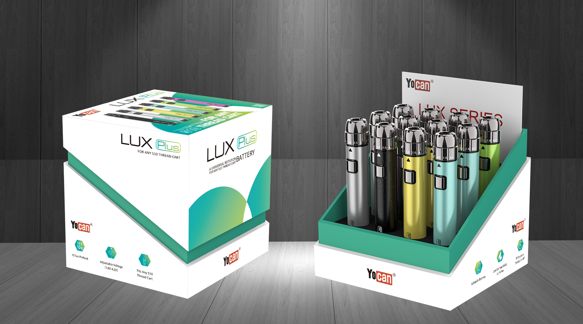 Package of the Yocan LUX Plus 510 Threaded Vape Pen Battery
