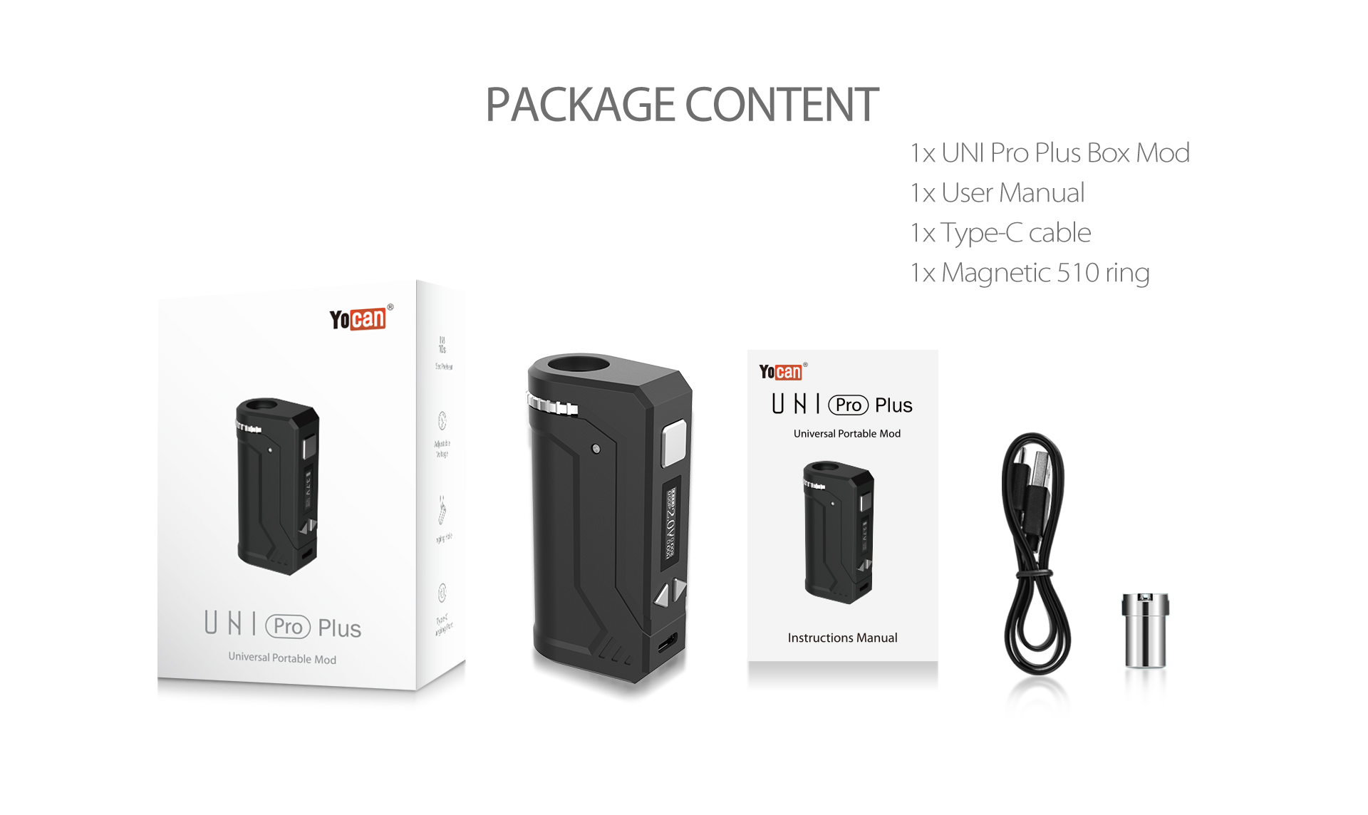 Yocan UNI Pro Plus Box Mod package content.