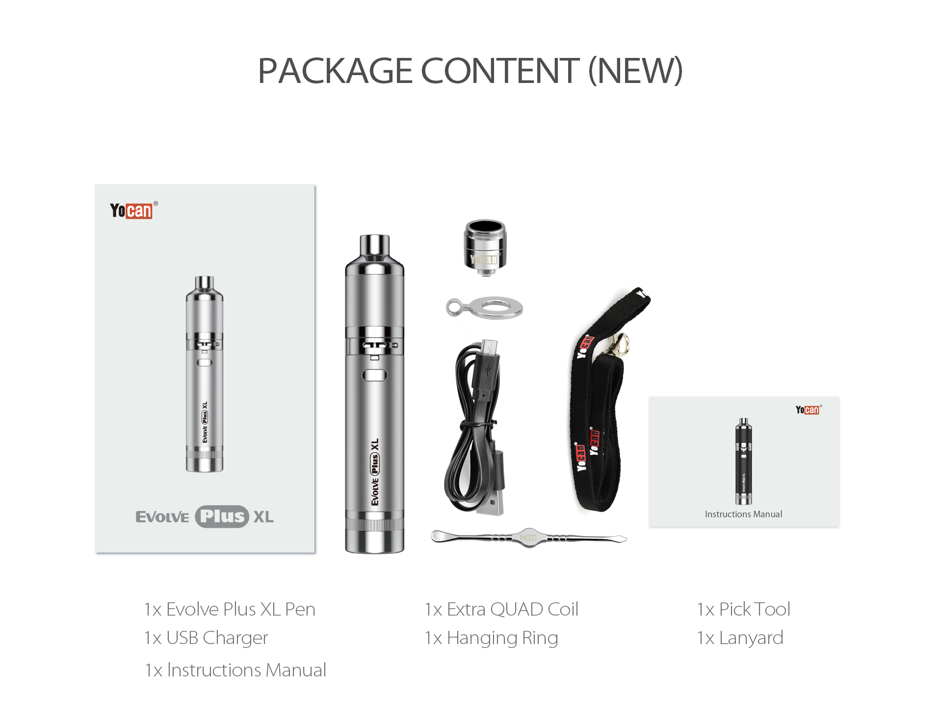 Yocan Evolve Plus XL Vaporizer Package Content.