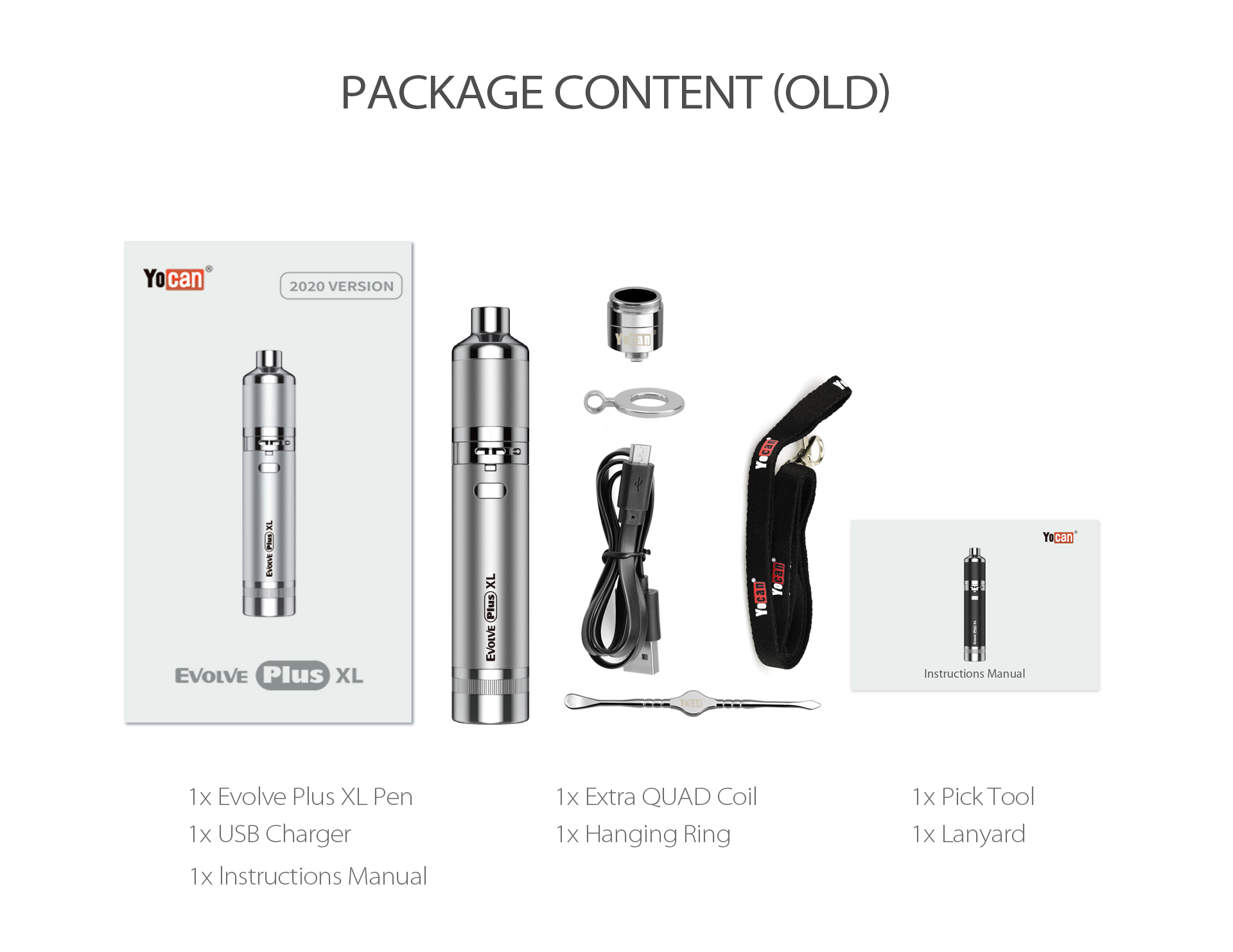 Yocan Evolve Plus XL Vaporizer Package Content.