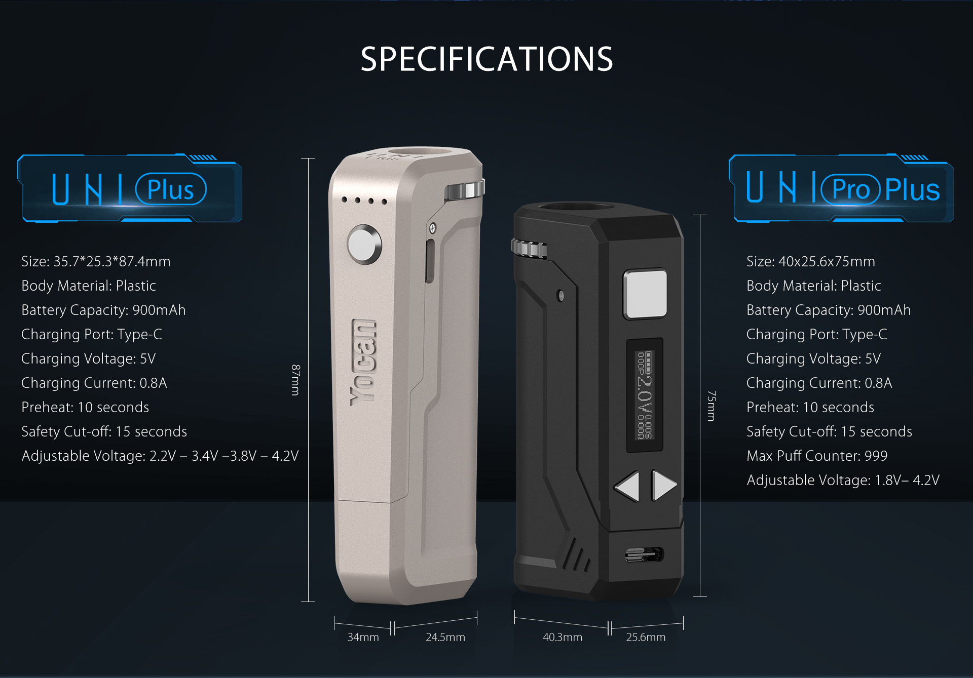 Yocan UNI Plus VV Battery specifications.