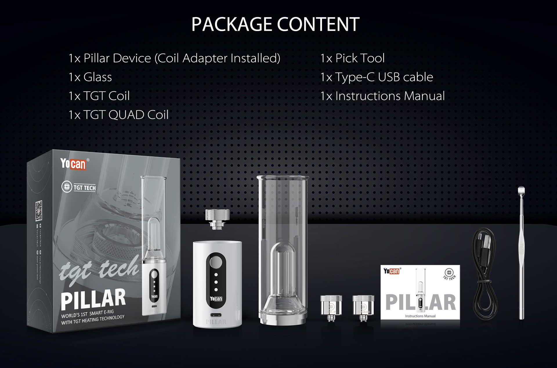 The package content of Yocan Pillar Erig.