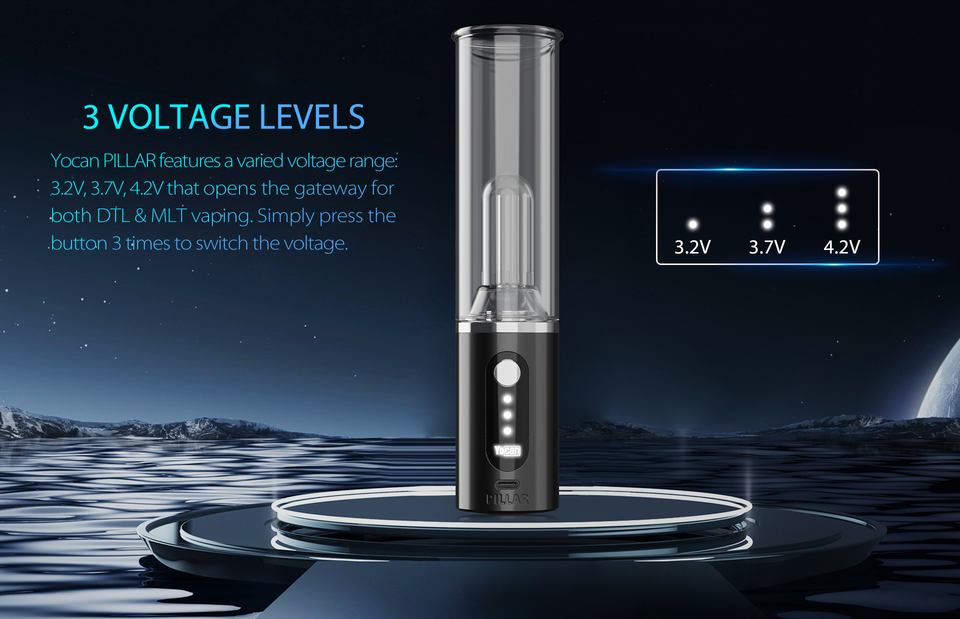 Yocan PILLAR features a varied voltage range: 3.2V, 3.7V, 4.2V