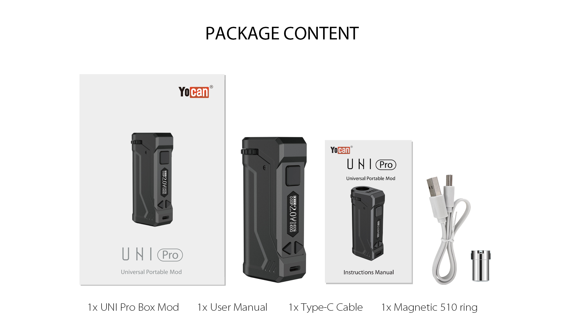 Yocan UNI Pro Box Mod Battery Package Content.