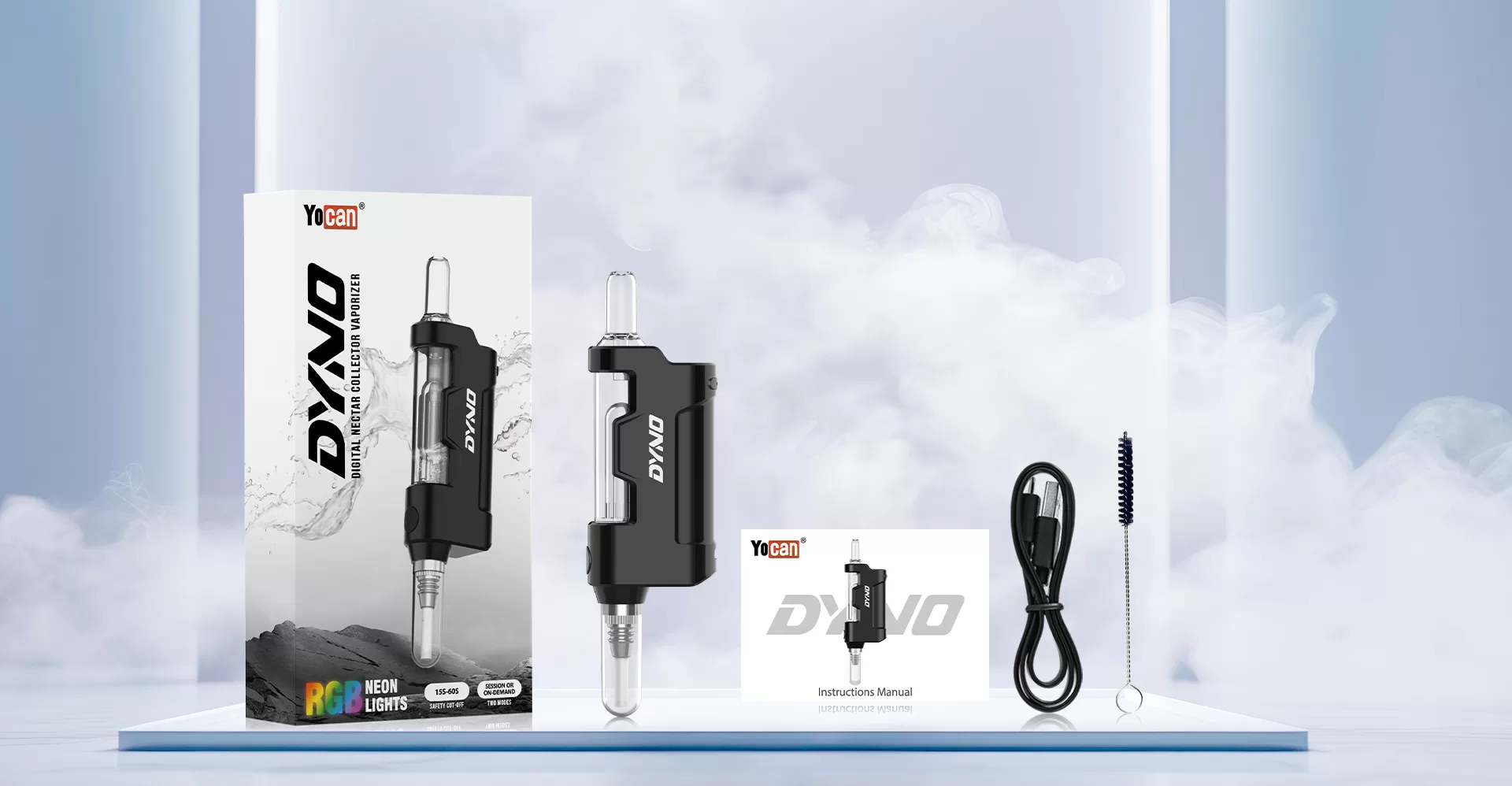 Product packaging details of Yocan Dyno Digital Nectar Collector with Glass Bubbler (Contains: 1x Dyno Device 1x Ceramic Tube Tip 1x Tip Cover (Pre-installed) 1xType-C Cable 1x Cleaning Brush 1x Instructions Manual)
